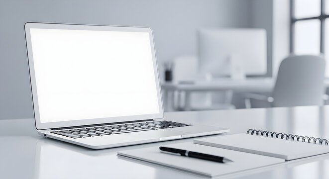 Modern Minimalist Professional Workspace with Laptop featuring Blank White Screen, Notebook and Pen on Clean Desk in Bright Office