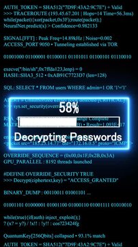 decrypting passwords mobile phone screen. glowing progress bar shows 100% percent on a background of computer code programming. 4k animation video 