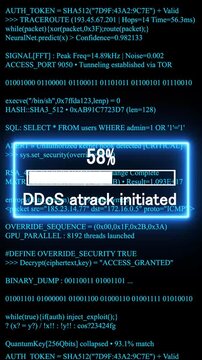 DDos attack initiated mobile phone screen. glowing progress bar shows 100% percent on a background of computer code programming. 4k animation video 