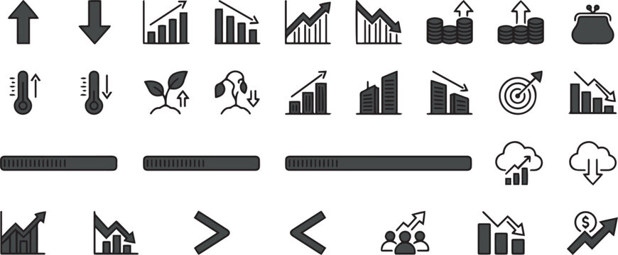 Collection Of Financial And Weather Icons Flat Silhouette Style