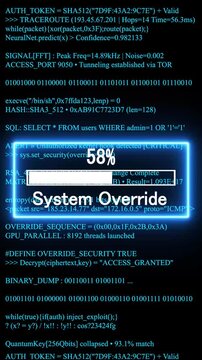 system override mobile phone screen. glowing progress bar shows 100% percent on a background of computer code programming. 4k animation video 