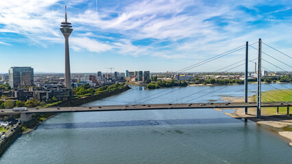 Obraz premium Dusseldorf city skyline aerial drone view from above, Medienhafen, bridge and river Rhine, Germany 