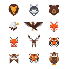 Fototapeta premium Wild Animal Icons Set: Lion, Wolf, Bear, Eagle, Fox, Deer, Tiger, Owl Collection