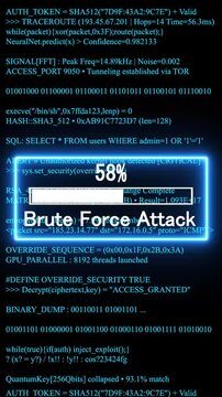 brute force attack mobile phone screen. glowing progress bar shows 100% percent on a background of computer code programming. 4k animation video 