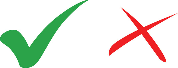 Sharp green checkmark and red cross on isolated white background vector symbol for right and wrong choices. Modern flat design, Checkmark icon set. Checkmark right symbol tick sign © Asma