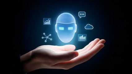 Fototapeta premium Human hand holding glowing AI head