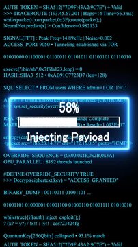 injecting payload mobile phone screen. glowing progress bar shows 100% percent on a background of computer code programming. 4k animation video 