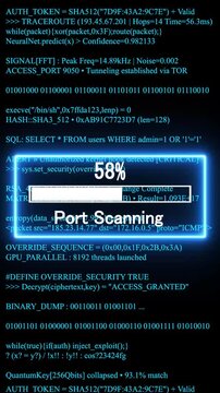 port scanning mobile phone screen. glowing progress bar shows 100% percent on a background of computer code programming. 4k animation video 