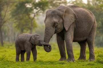 Fototapeta premium Heartwarming wildlife portrait of a mother elephant standing protectively next to her young calf in a lush green meadow, symbolizing natural maternal love and animal care.