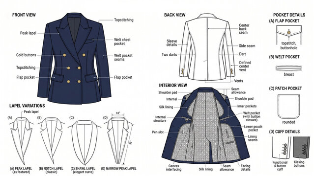 Fashion CAD Template of Tailored Luxury Blazer with Front and Back Technical Flats