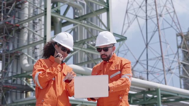 Industrial inspection team assesses equipment alongside laptop at sprawling plant facility under overcast sky, prioritizing safety procedures and detailed technical review.