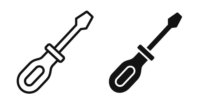 Minimalist outline and solid black flathead screwdriver icons for tool design and technical illustration concepts