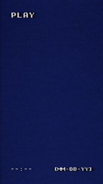 Vertical VHS playback screen with retro pixelated PLAY text on deep blue background. Empty timestamp and date placeholders mimic vintage VCR display. Nostalgic analog aesthetic.
