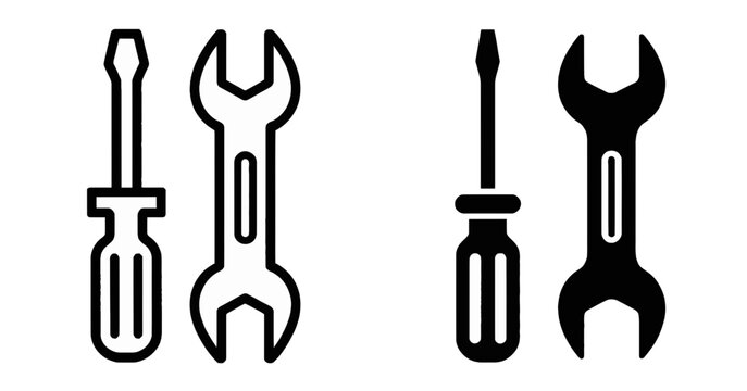 Minimalist outline and solid black tool icons of screwdriver and wrench for repair, maintenance and construction concepts