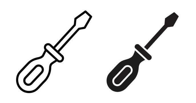 Minimalist outline and solid black flathead screwdriver icons for tool design and technical illustration concepts