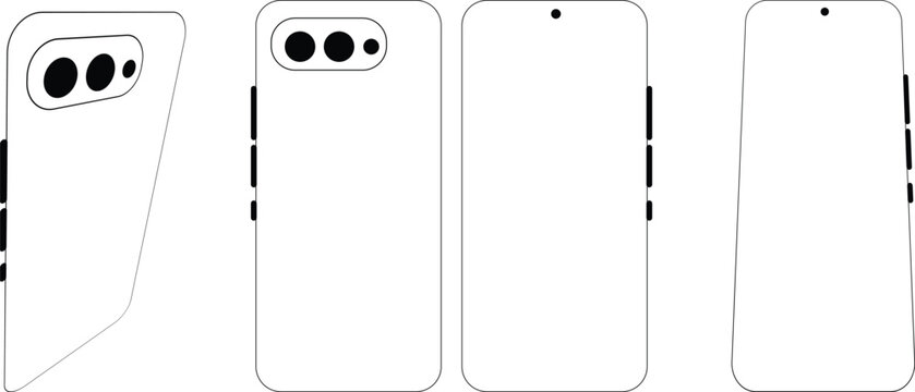 Minimalist smartphone vector mockup set, mobile phone line art templates, front and back view cellphone wireframe icons for app design and UI presentation