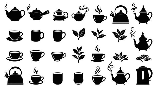 Black silhouettes of tea kettles cups.