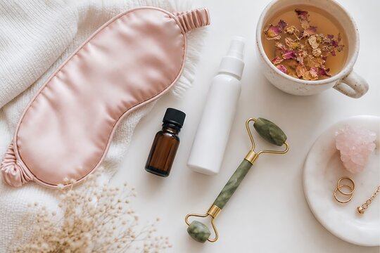 Top-down flat lay of a silk sleep mask, jade roller, essential oil bottle, and a cup of herbal tea, conveying a serene nighttime self-care ritual, beauty grooming, and deep relaxation.