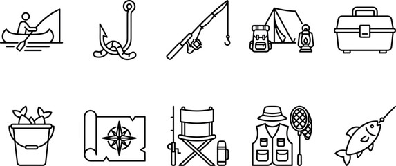 Fishing and camping line icon set featuring boat hook rod tent tackle box bucket map chair vest vector illustration © Aktarul