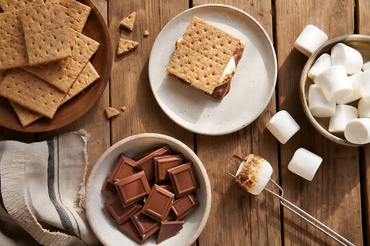 Top-down flat lay of graham crackers, milk chocolate bars, and toasted marshmallows on a rustic wooden table, conveying nostalgic outdoor campfire s'mores preparation.