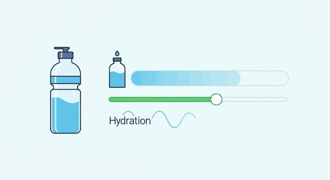 Minimal vector illustration of a water bottle and serum dropper icon alongside horizontal progress bars, a green slider, and hydration text for health monitoring app UI design.