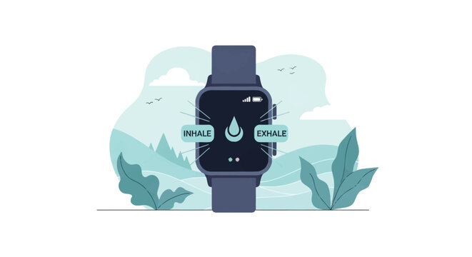 Minimal vector illustration of a smartwatch displaying a guided breathing exercise with inhale and exhale prompts over a serene pastel mountain and nature landscape background.