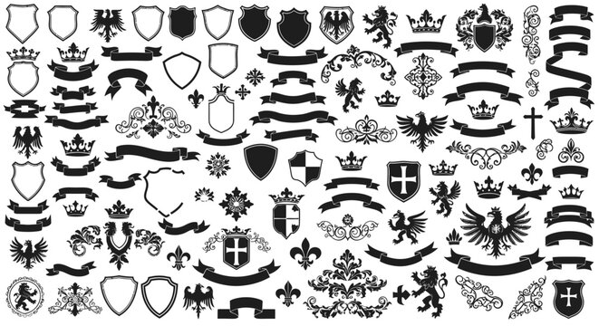 Collection of heraldic symbols and crests.