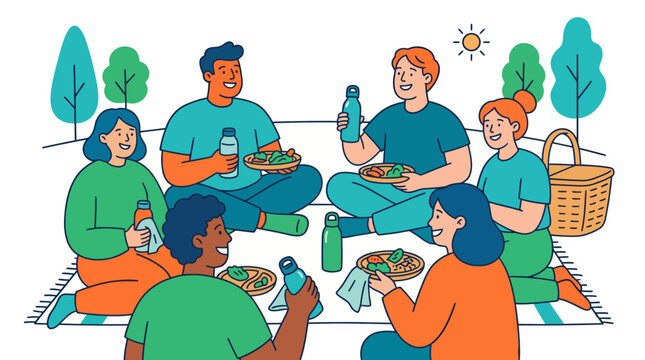 Diverse friends enjoying a healthy outdoor picnic in a park illustration.