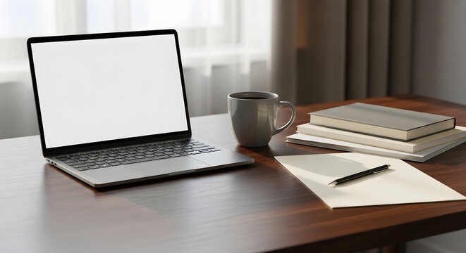 Modern workspace with blank screen laptop and coffee on wooden table in bright minimalist home office