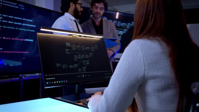 Multicultural business and engineering team discussing software development strategy and digital system planning in futuristic technology workspace