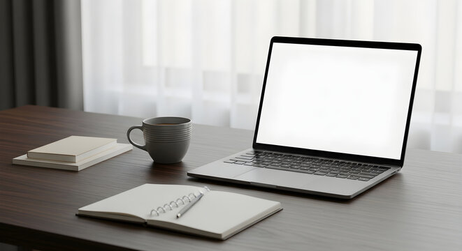 Minimalist Workspace Mockup with Blank Screen Laptop Cup and Notebook on Desk