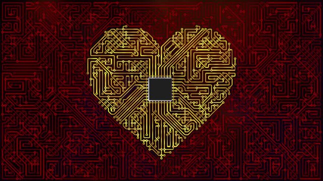 Glowing circuit board heart animation, digital health technology, artificial intelligence, deep learning algorithm analyzing and probing human emotion