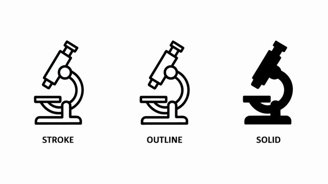 Microscope Icons In Three Styles Stroke Outline And Solid Black biology science laboratory research instrument optics magnification analysis study flat icon pictogram graphic vector design