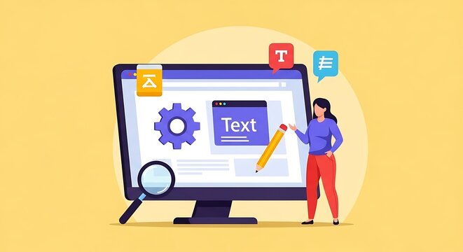 Woman uses pencil on computer screen with text and gear icons for editing