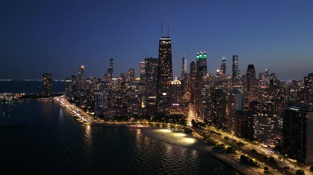 Aerial night view of downtown skyline of Chicago, USA