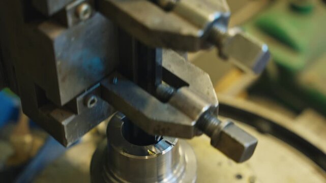 Internal slotting tool cuts a keyway inside a metal cylinder in a factory workshop, showing broaching process, sharp chips, precision machining and industrial production detail.