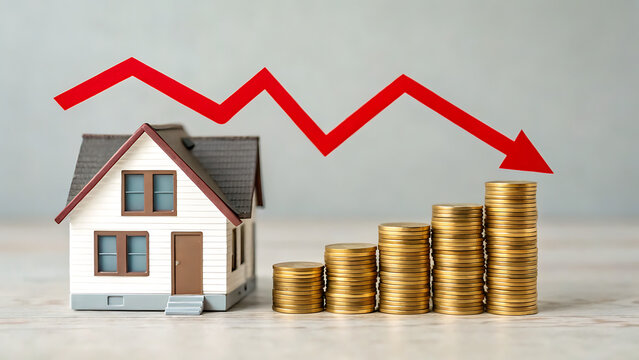 A miniature white house model standing next to stacks of gold coins with a large red downward arrow indicating a decline in the real estate market