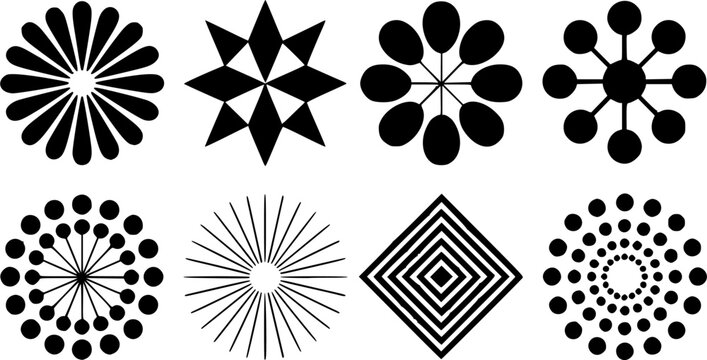 Collection of abstract geometric shapes and vector icon set featuring minimalist starburst sunburst flower rosettes and line art design elements isolated on white background.