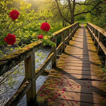Wooden footbridge over a stream surrounded by blooming wild roses in spring.