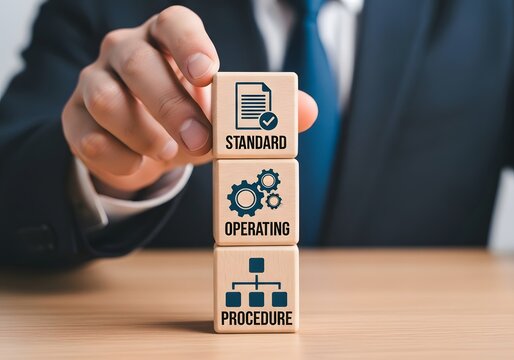 Professional hand holding a wooden block with operating procedure flowchart, illustrating business process management and standard workflow optimization