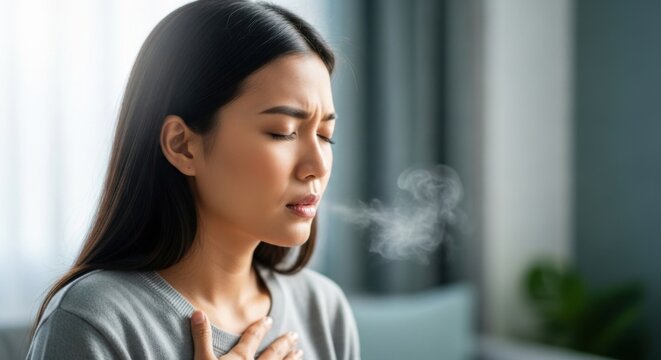 Woman experiencing asthma symptoms indoors.