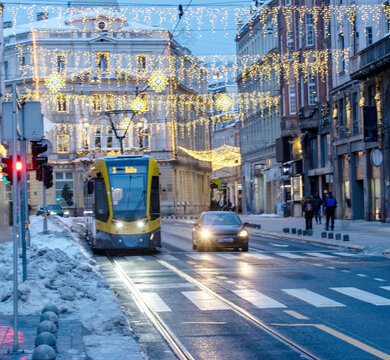 Winter Tram Street in Sarajevo with Festive Lights