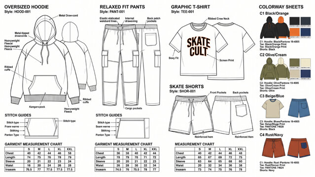 Streetwear Skatewear CAD Technical Drawing Collection with Measurement Charts Colorways and Technical Flats
