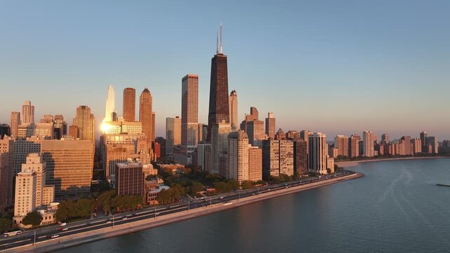 Aerial night view of downtown skyline of Chicago loop area