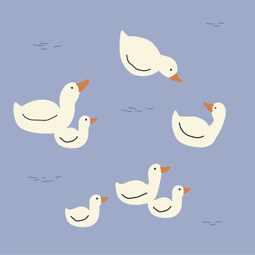 Spring floral cartoon print with cute goose. Vector print in flat style and pastel colors. Mom and baby
