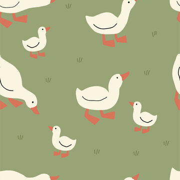 Hand drawn spring pattern with cute cartoon goose. Vector Seamless pattern
