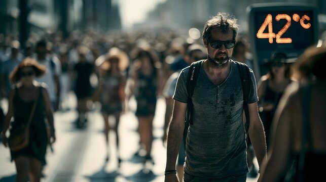 Ersch&ouml;pfter Mann k&auml;mpft bei 42 Grad gegen die extreme Sommerhitze in Europa