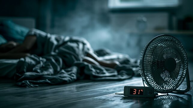 Schlafzimmer mit Ventilator w&auml;hrend einer tropischen Nacht bei 31 Grad Celsius