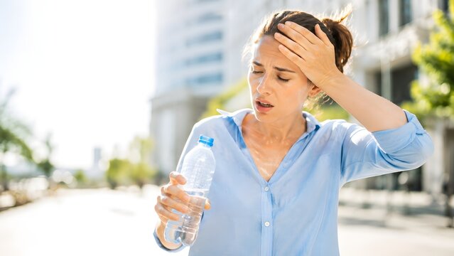 Ersch&ouml;pfte Gesch&auml;ftsfrau k&auml;mpft bei extremer Hitze gegen die Sommertemperaturen