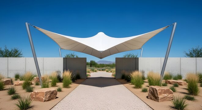 Modern architectural tensile fabric structure providing shade over a desert garden walkway.